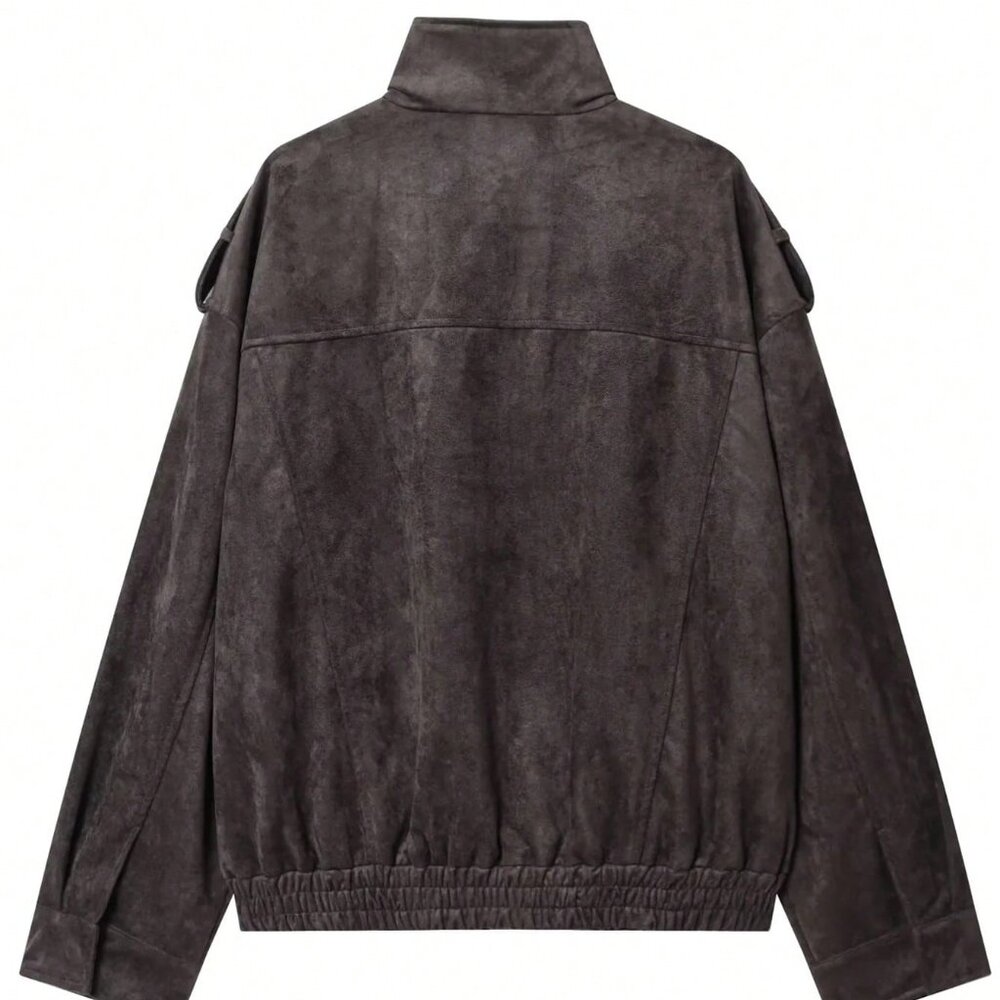 Dark Grey Casual Streetwear Women's Suede Bomber Jacket - Picture 6 of 6